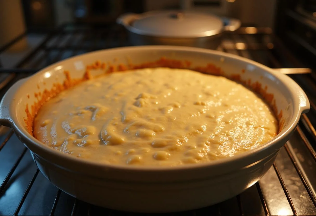 Verser le mélange dans un plat à four pour la quiche sans pâte, prêt à être cuit dans une cuisine chaleureuse.