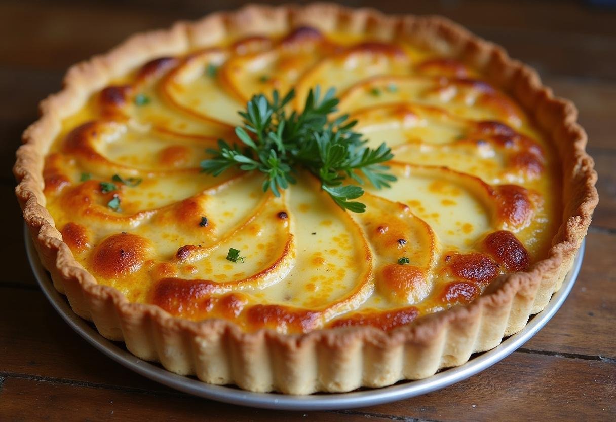 Quiche thon poireaux dorée prête à être servie, présentée sur une table en bois rustique avec des herbes fraîches.