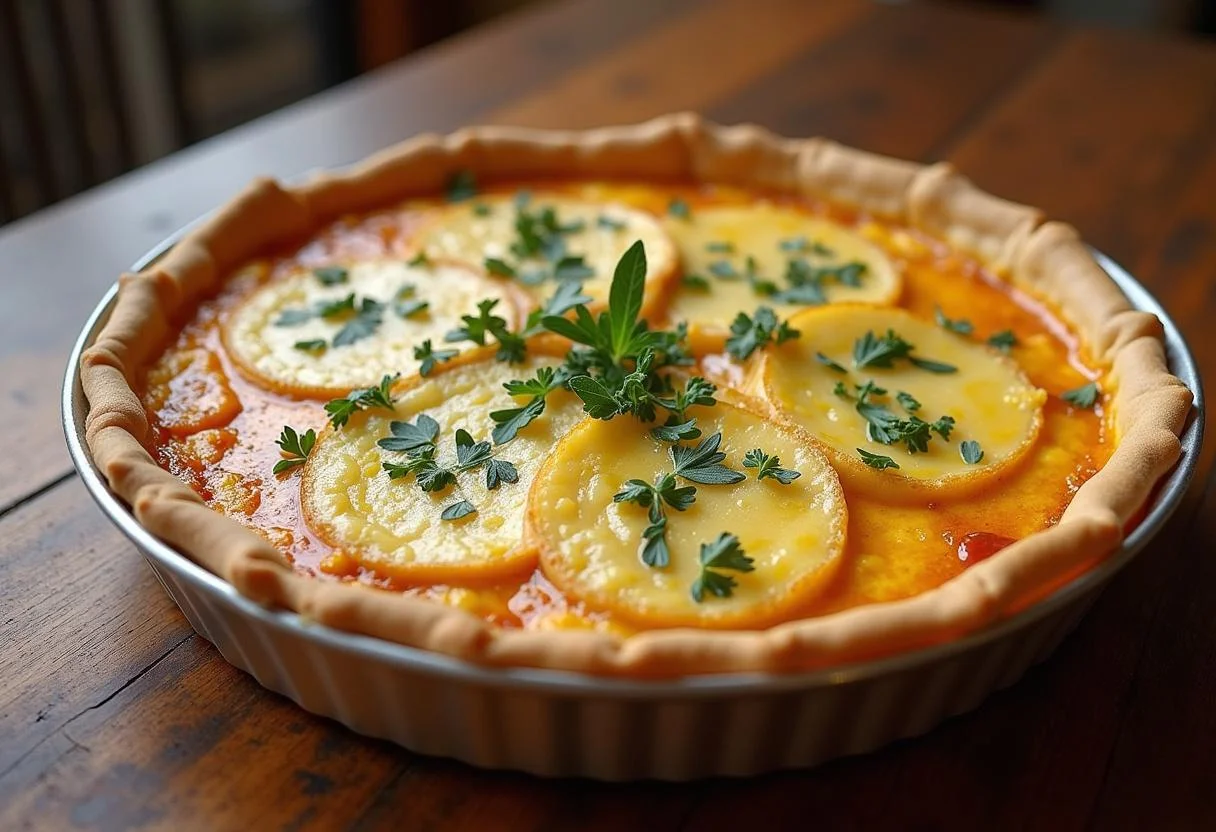 Quiche thon poireaux dorée prête à être servie, présentée sur une table en bois rustique avec des herbes fraîches.