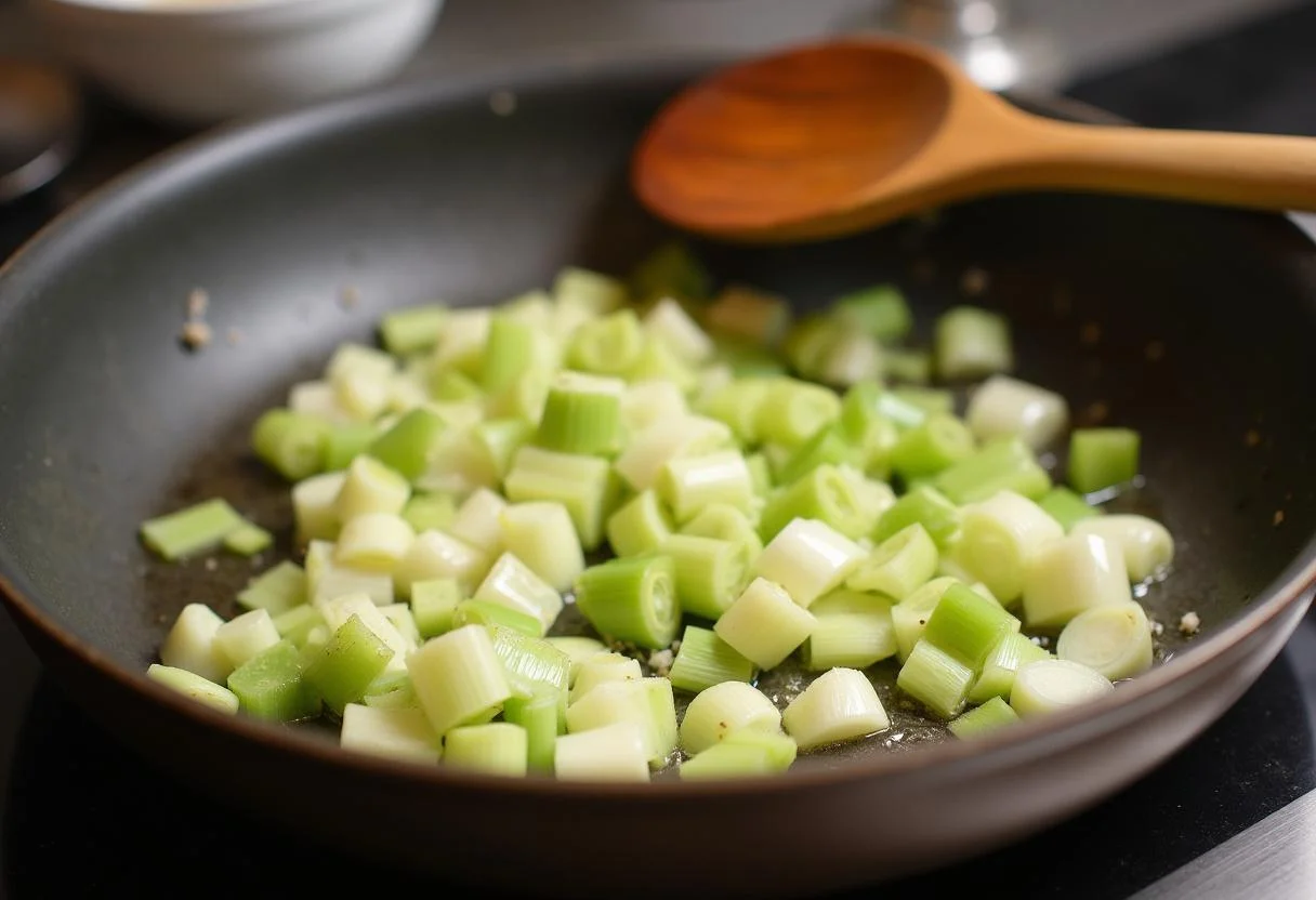 Cuisson des poireaux dans une poêle avec du beurre pour la quiche au poireau et thon, les poireaux dorés émettent un parfum appétissant.