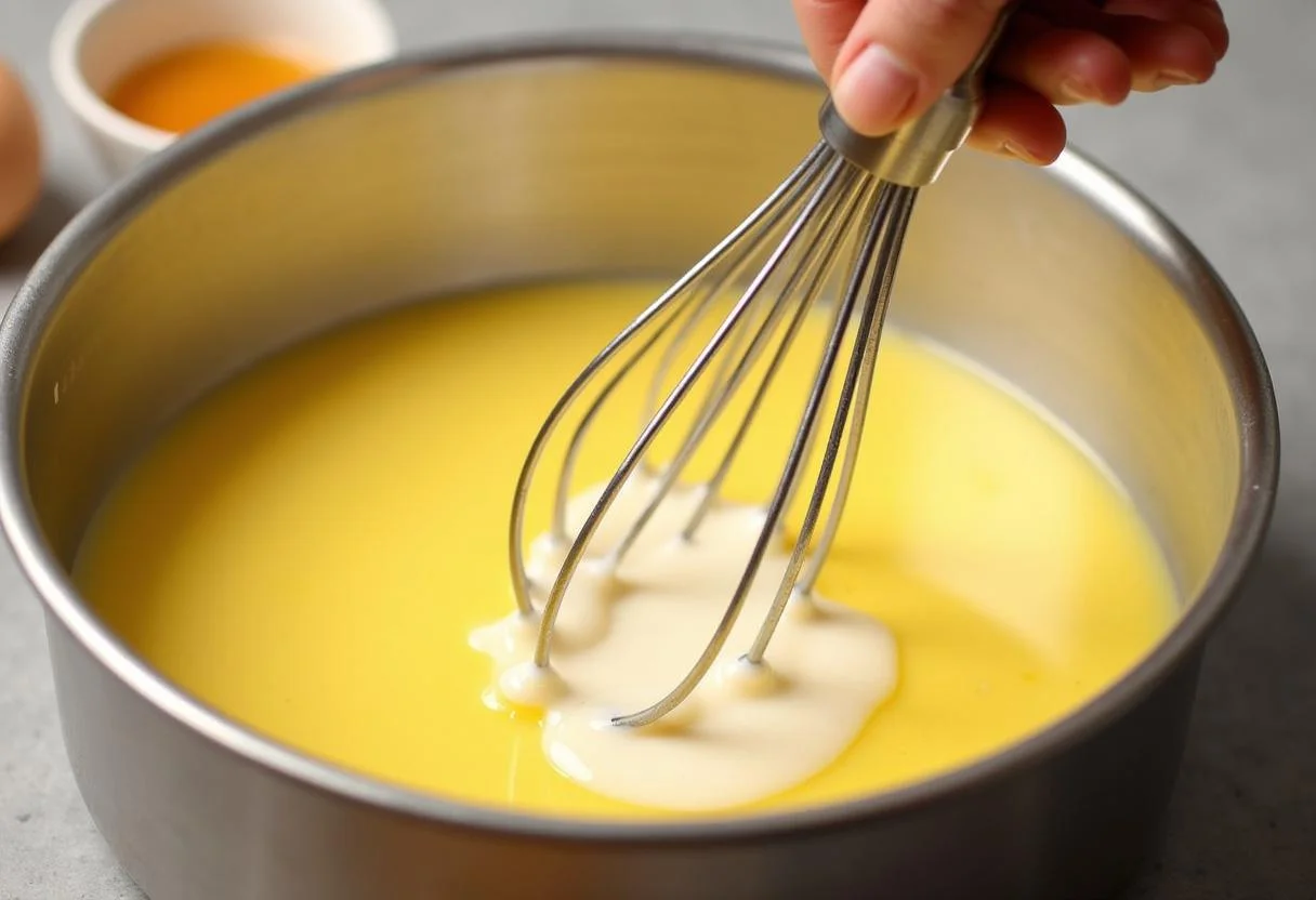 Mélange des œufs et de la crème pour la quiche poireaux thon, créant une belle préparation pour le mélange de la tarte.