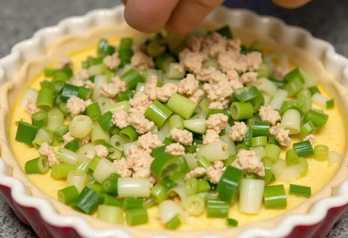 Distribution des poireaux sautés et du thon en conserve sur la croûte de quiche, une étape clé pour la tarte aux poireaux et au thon.