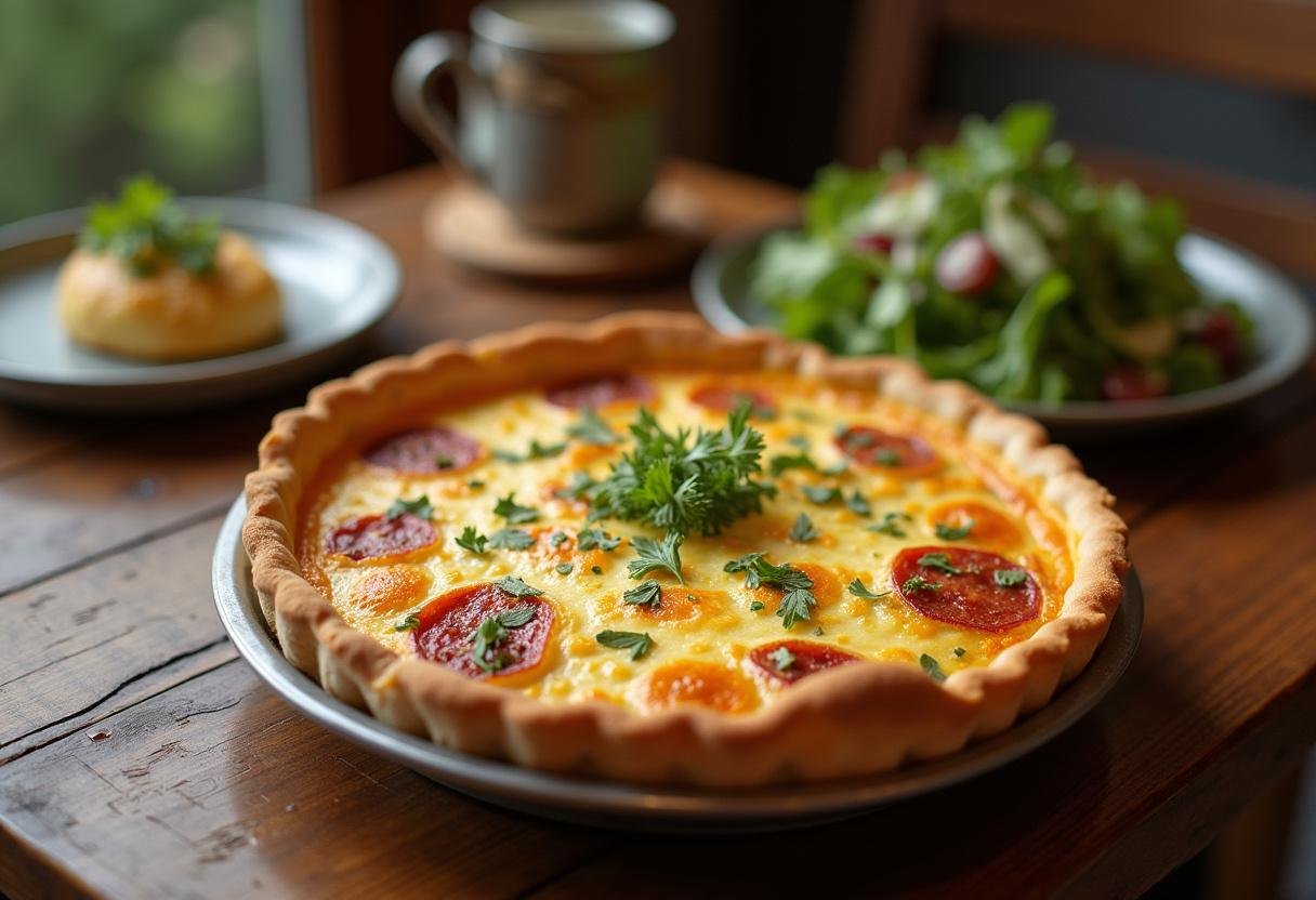 Quiche au fromage parfaitement cuite sur une table en bois rustique, garnie d'herbes fraîches, présentée avec une salade pour un repas délicieux.