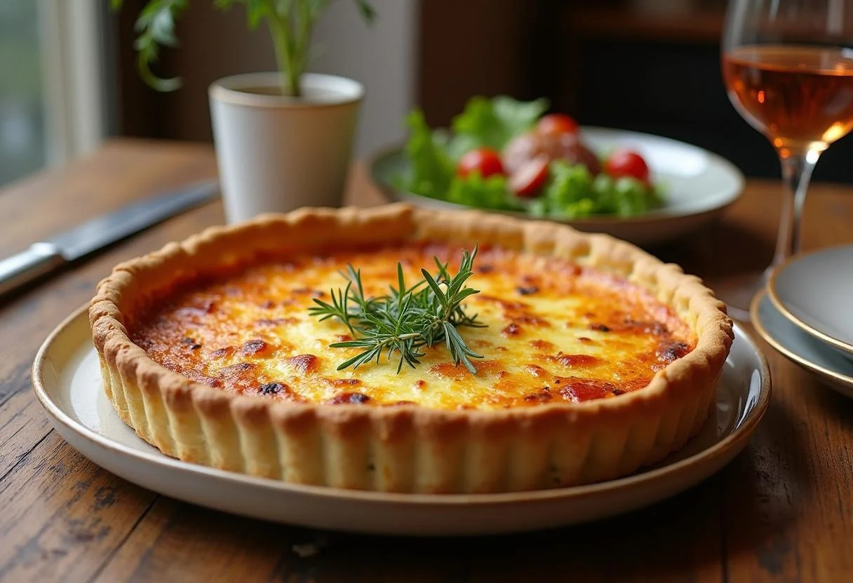Quiche au fromage parfaitement cuite sur une table en bois rustique, garnie d'herbes fraîches, présentée avec une salade pour un repas délicieux.