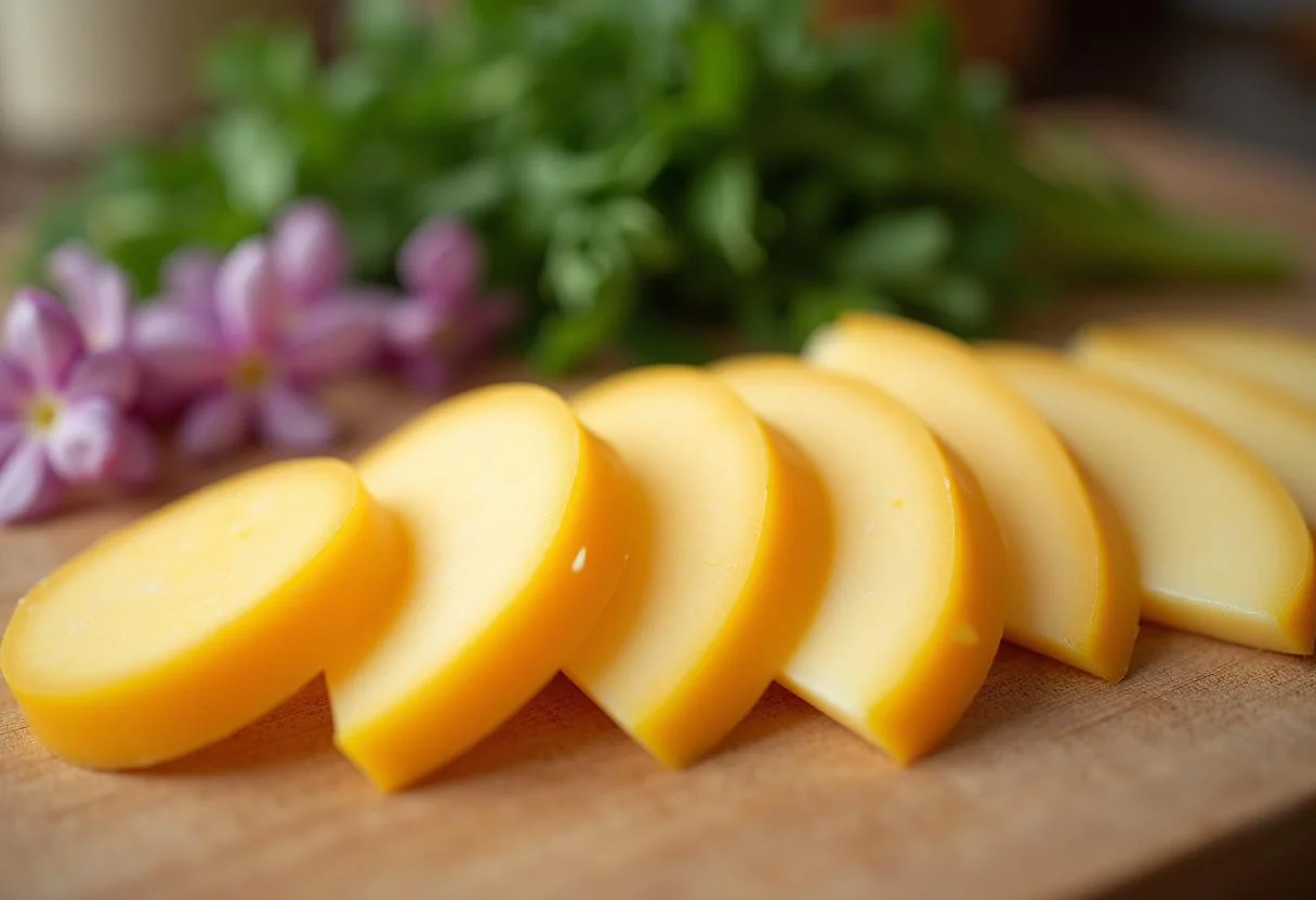 Tranches de fromage Gruyère et Comté sur une planche à découper, ingrédients frais pour la quiche au fromage disposés en arrière-plan pour la recette.