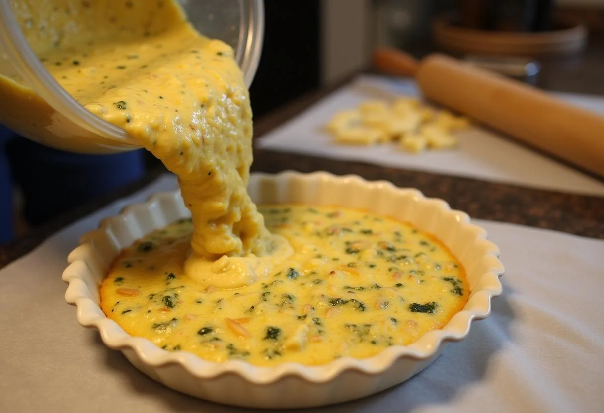 Remplissage de la quiche au fromage dans une croûte précuite, ambiance chaleureuse dans la cuisine avec des ustensiles de pâtisserie.