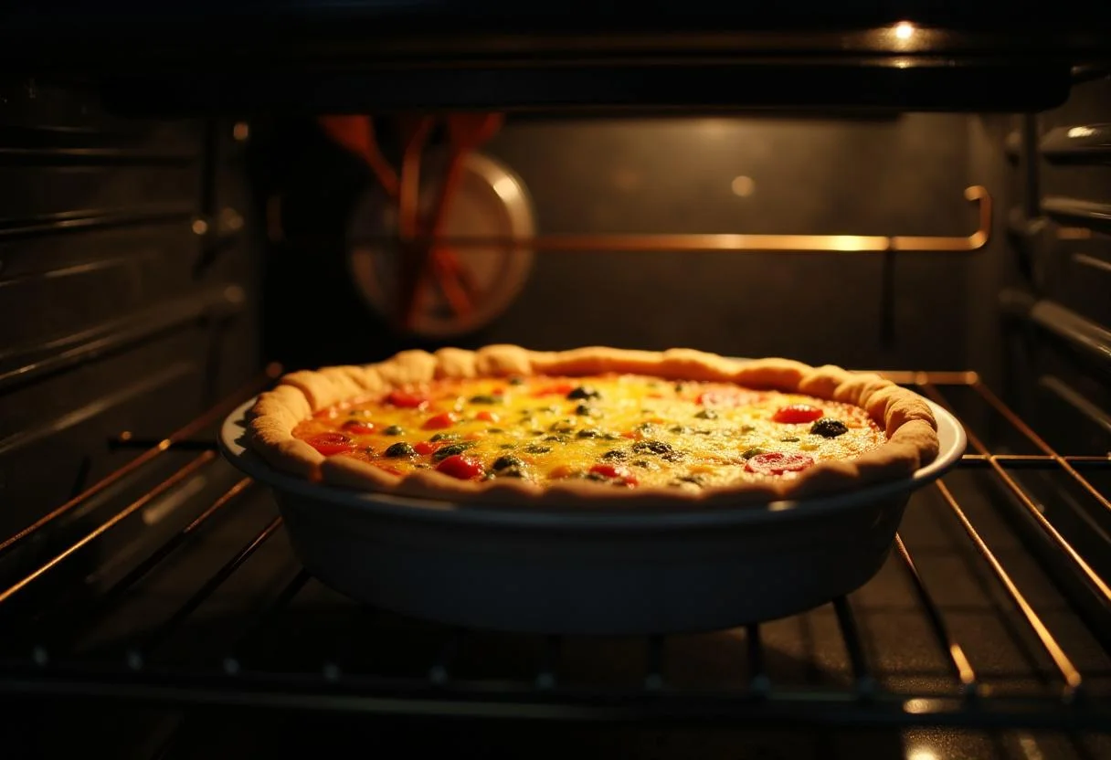 Quiche au fromage prête à être enfournée, lumière du four illuminant la scène et ustensiles de cuisine bien rangés sur l'étagère.