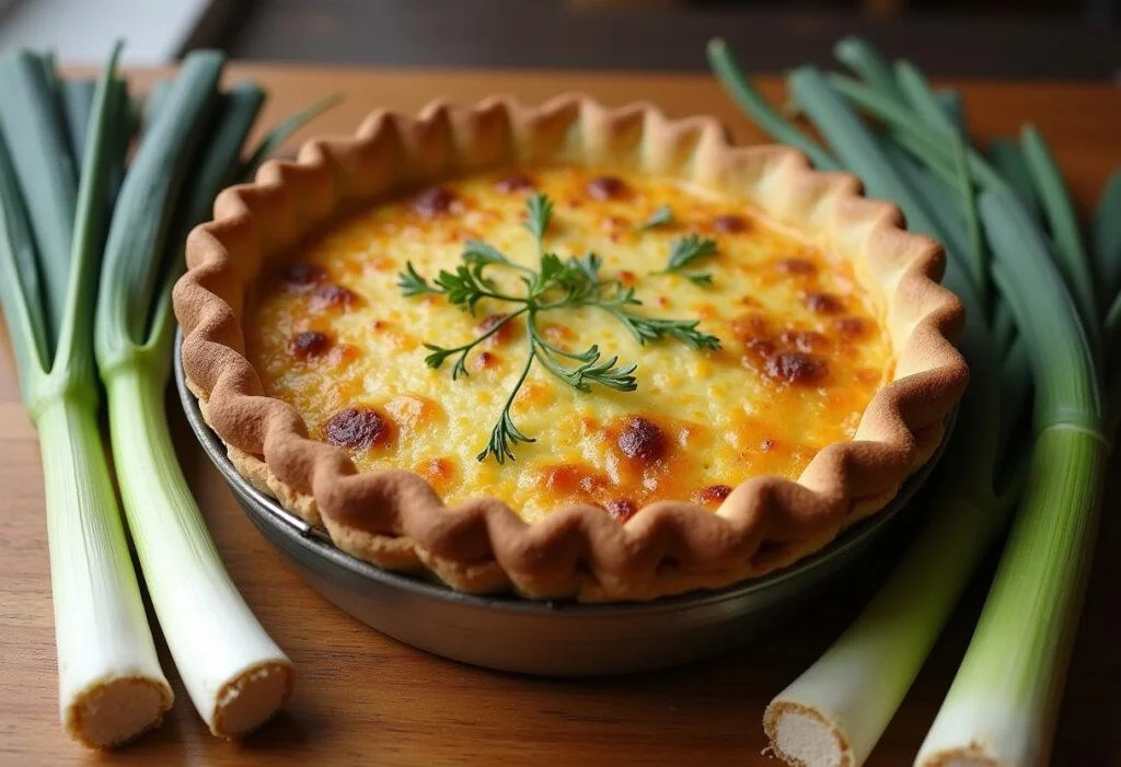 Quiche au thon et poireaux fraîchement cuite sur une table en bois, montrant la texture dorée et appétissante de ce plat.