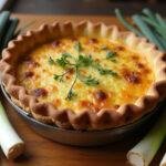 Quiche au thon et poireaux fraîchement cuite sur une table en bois, montrant la texture dorée et appétissante de ce plat.