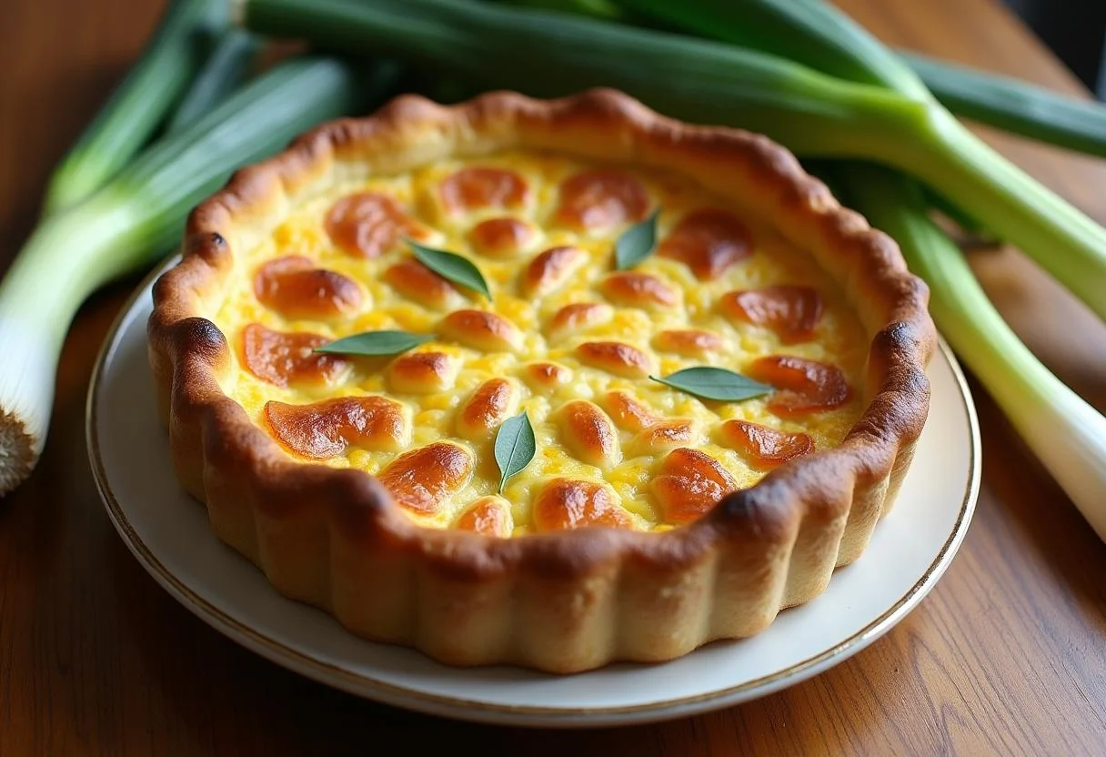 Quiche au thon et poireaux fraßchement cuite sur une table en bois, montrant la texture dorée et appétissante de ce plat.