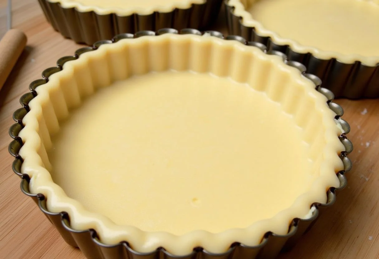 Préparation de la pùte à tarte pour une quiche au thon et poireaux, vue de la pùte étalée dans un moule à tarte.