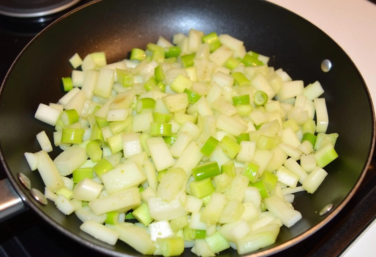 Cuisson des poireaux dans une poĂȘle pour une quiche au thon, les poireaux deviennent tendres dans une huile d'olive chaude.