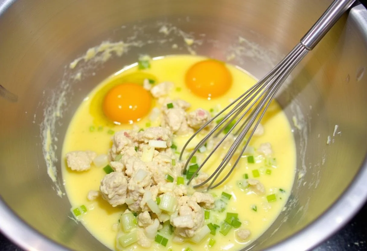 MĂ©lange des Ćufs et de la crĂšme dans un bol pour la quiche au thon et poireaux, en ajoutant des poireaux et du thon en conserve.