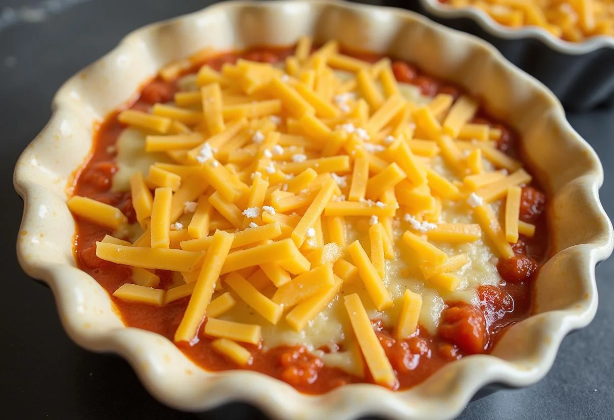 Versement du mélange dans la croûte de tarte pour la quiche au thon et poireaux, avec du fromage ajouté avant la cuisson.
