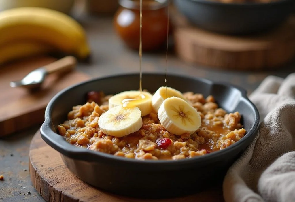 Plat final de la recette banane flocon d'avoine servi avec des tranches de banane et du miel dans une cuisine chaleureuse.