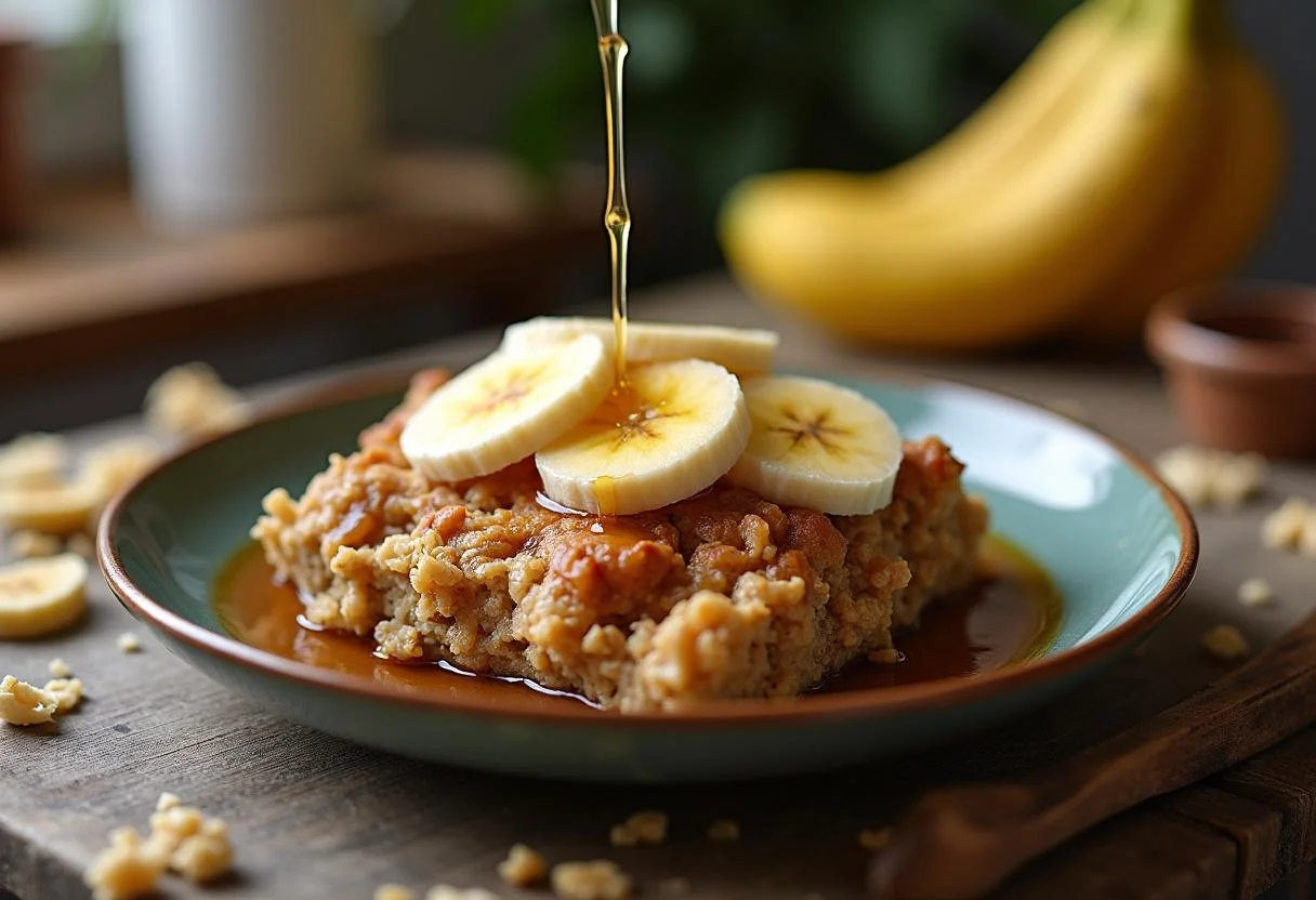 Plat final de la recette banane flocon d'avoine servi avec des tranches de banane et du miel dans une cuisine chaleureuse.