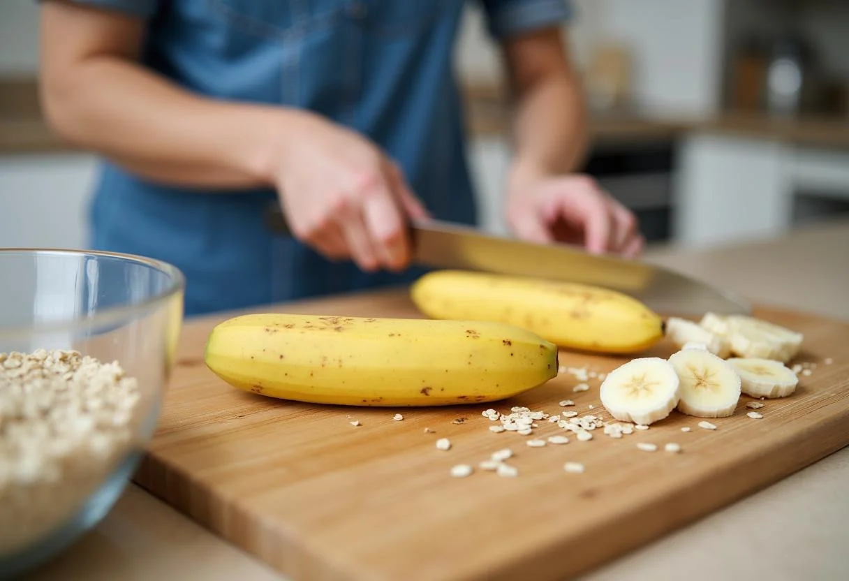 Préparation de la recette banane flocon d'avoine avec une banane coupée en tranches sur une planche à découper.