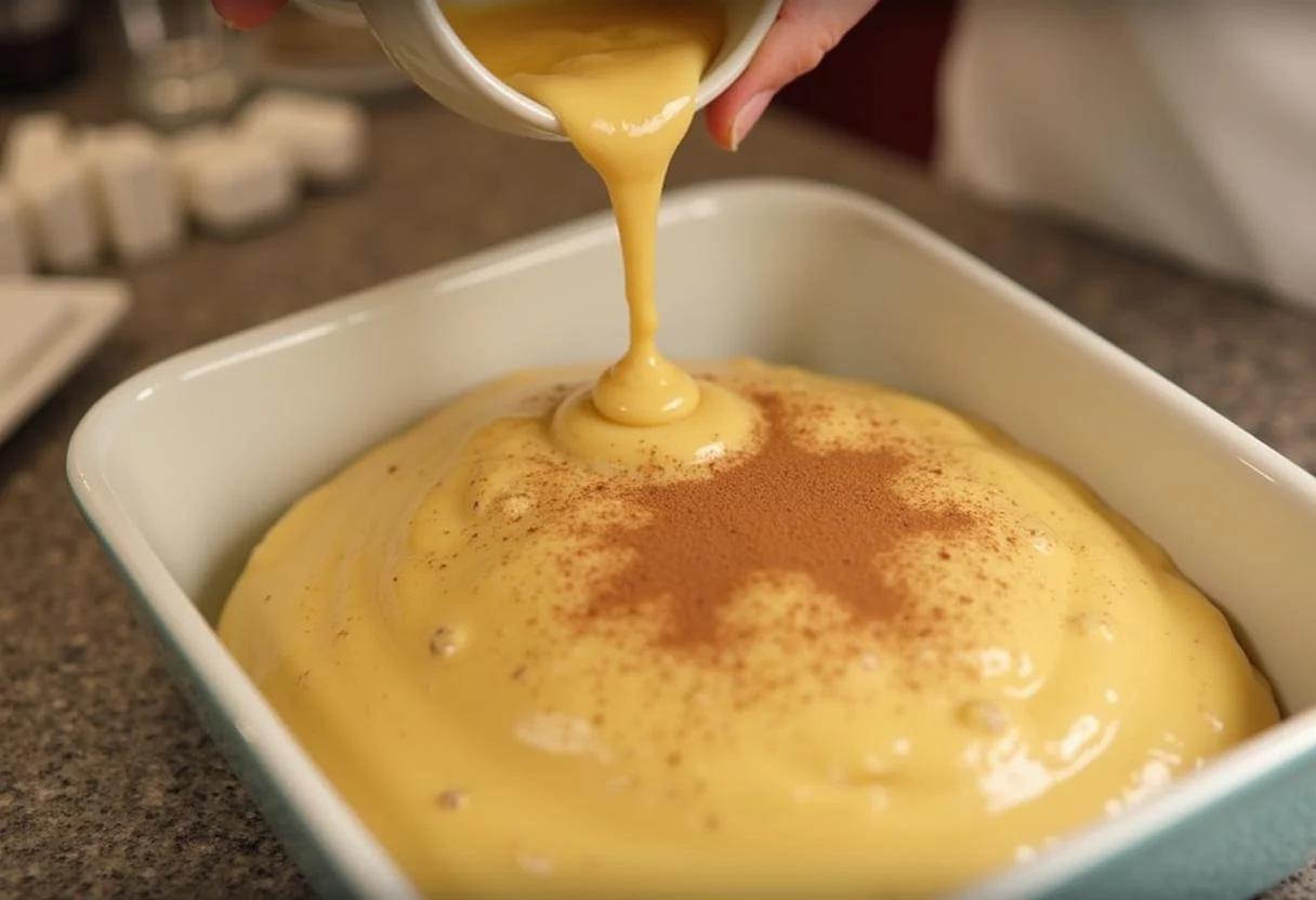Préparation de la recette flocon d'avoine banane en versant le mélange dans un plat à cuire, saupoudré de cannelle.