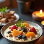 Présentation finale d'un bol de dessert au tofu soyeux avec fruits frais et noix, créant une ambiance chaleureuse et invitante.