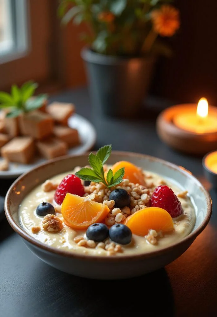 Présentation finale d'un bol de dessert au tofu soyeux avec fruits frais et noix, créant une ambiance chaleureuse et invitante.