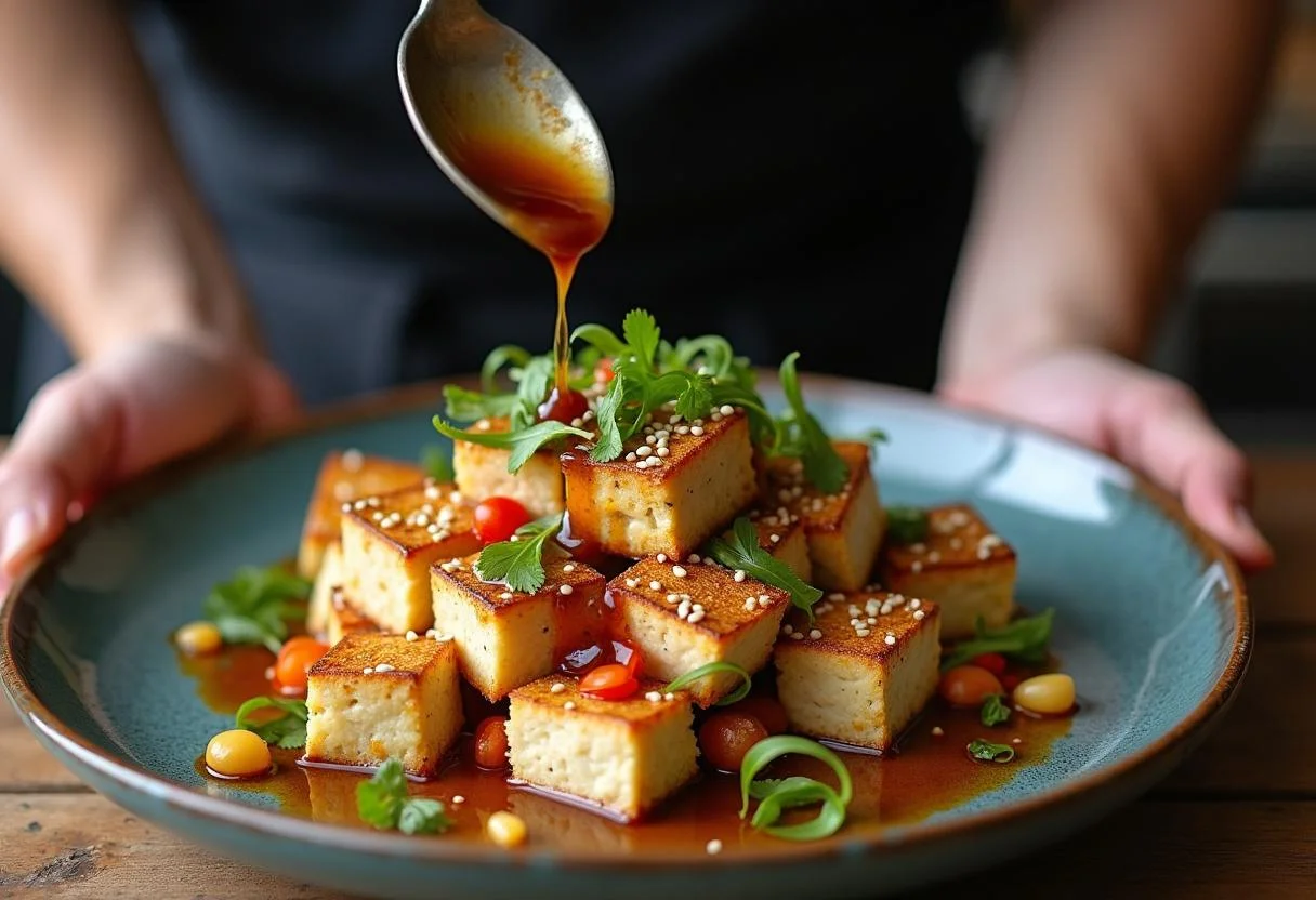 Dressage d'un plat de tofu soyeux salé avec de la sauce soja et des graines de sésame dans une cuisine rustique.
