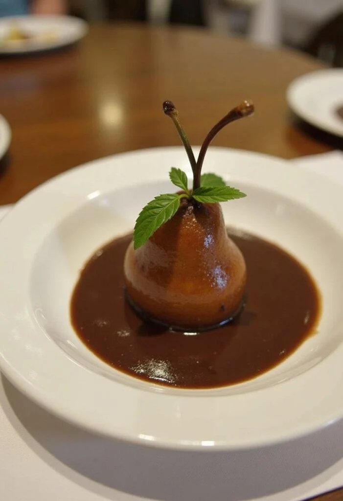 Dessert final de Recette Poire Belle-Hélène au Chocolat présenté sur une table, avec des poires pochées, une sauce au chocolat riche et une feuille de menthe.