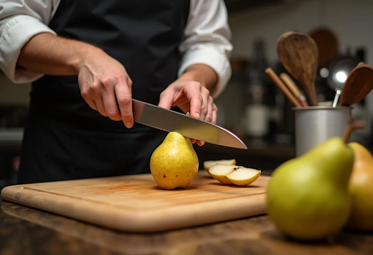Préparation des poires pour la Recette Poire Belle-Hélène au Chocolat avec des poires mûres pelées et tranchées sur une planche en bois.