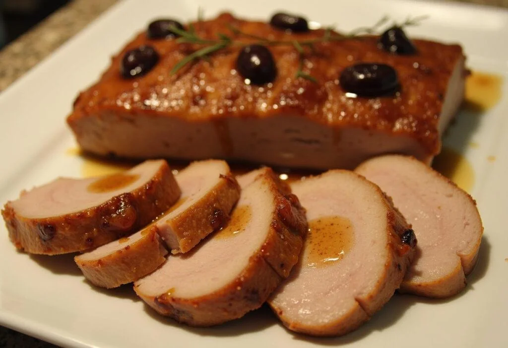 Un rôti de porc tranché sur un plat de service, garni de pruneaux glaces et de sauce savoureuse, représentant la délicieuse recette de rôti de porc sucré-salé.