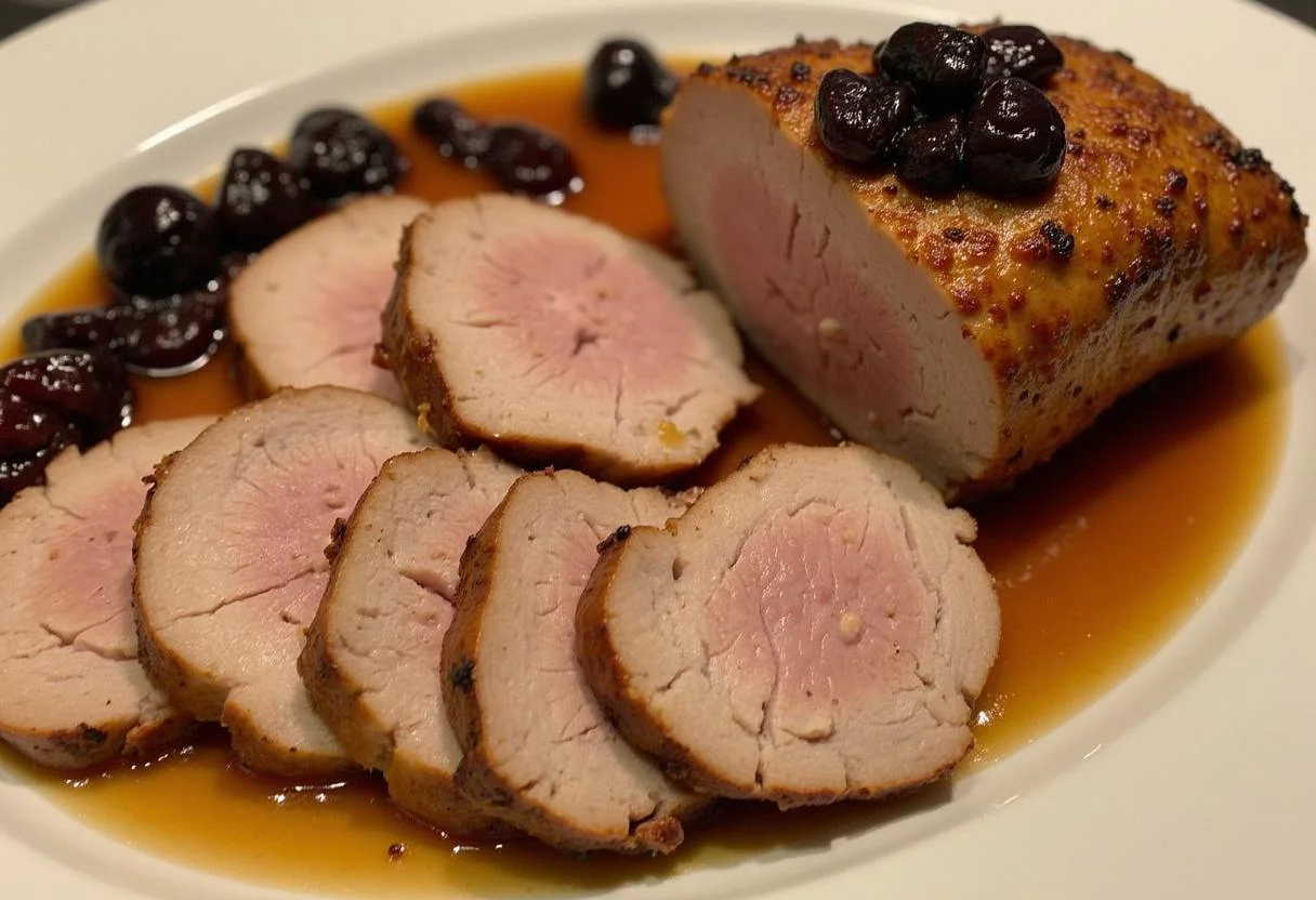 Un rôti de porc tranché sur un plat de service, garni de pruneaux glaces et de sauce savoureuse, représentant la délicieuse recette de rôti de porc sucré-salé.