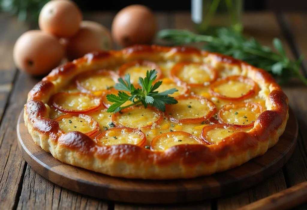 Une tarte aux poireaux et lardons maison, parfaitement dorée et garnie d'herbes, prête à être savourée.