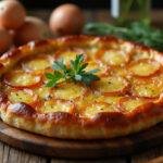 Une tarte aux poireaux et lardons maison, parfaitement dorée et garnie d'herbes, prête à être savourée.
