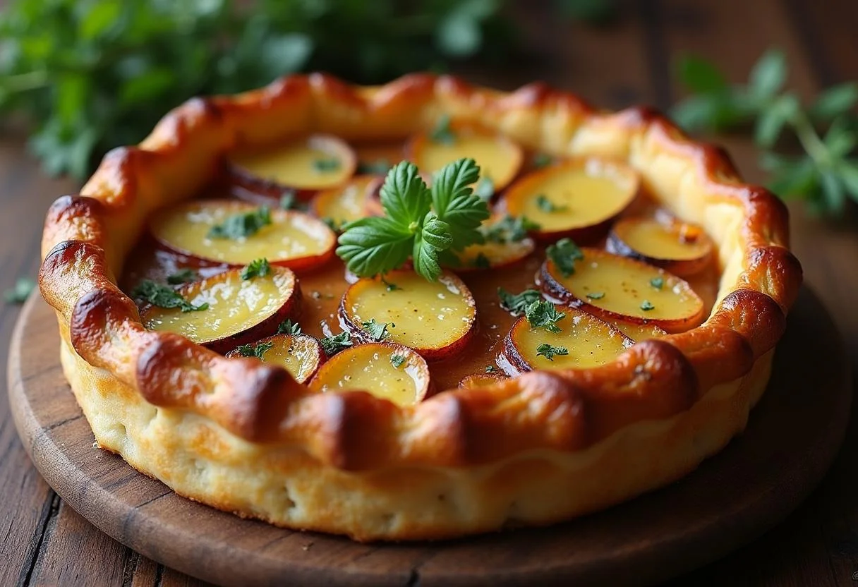 Une tarte aux poireaux et lardons maison, parfaitement dorée et garnie d'herbes, prête à être savourée.