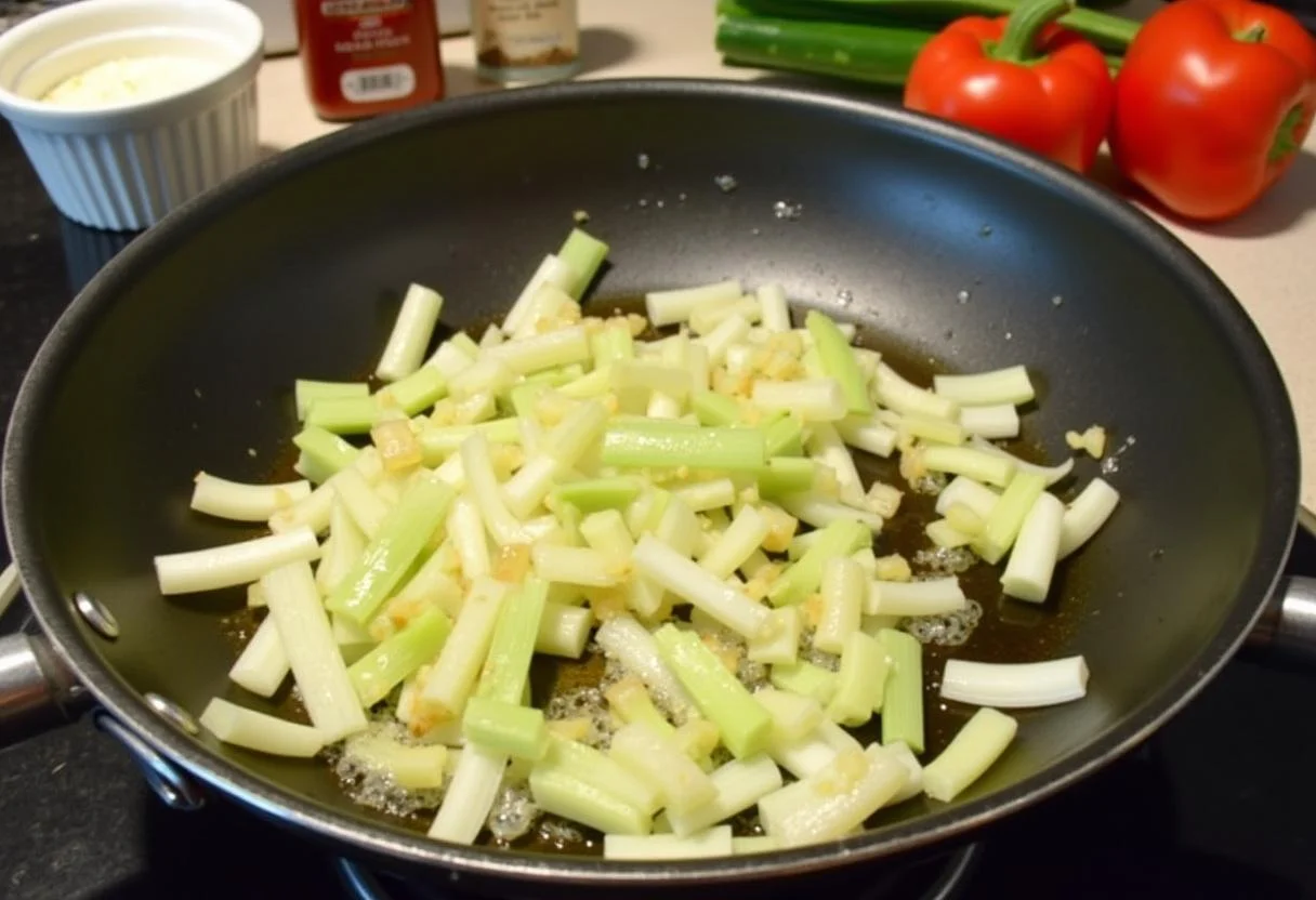 Des poireaux tranchés sont en train de cuire à la poêle pour une délicieuse tarte aux poireaux et lardons, infusant la cuisine d'un parfum appétissant.