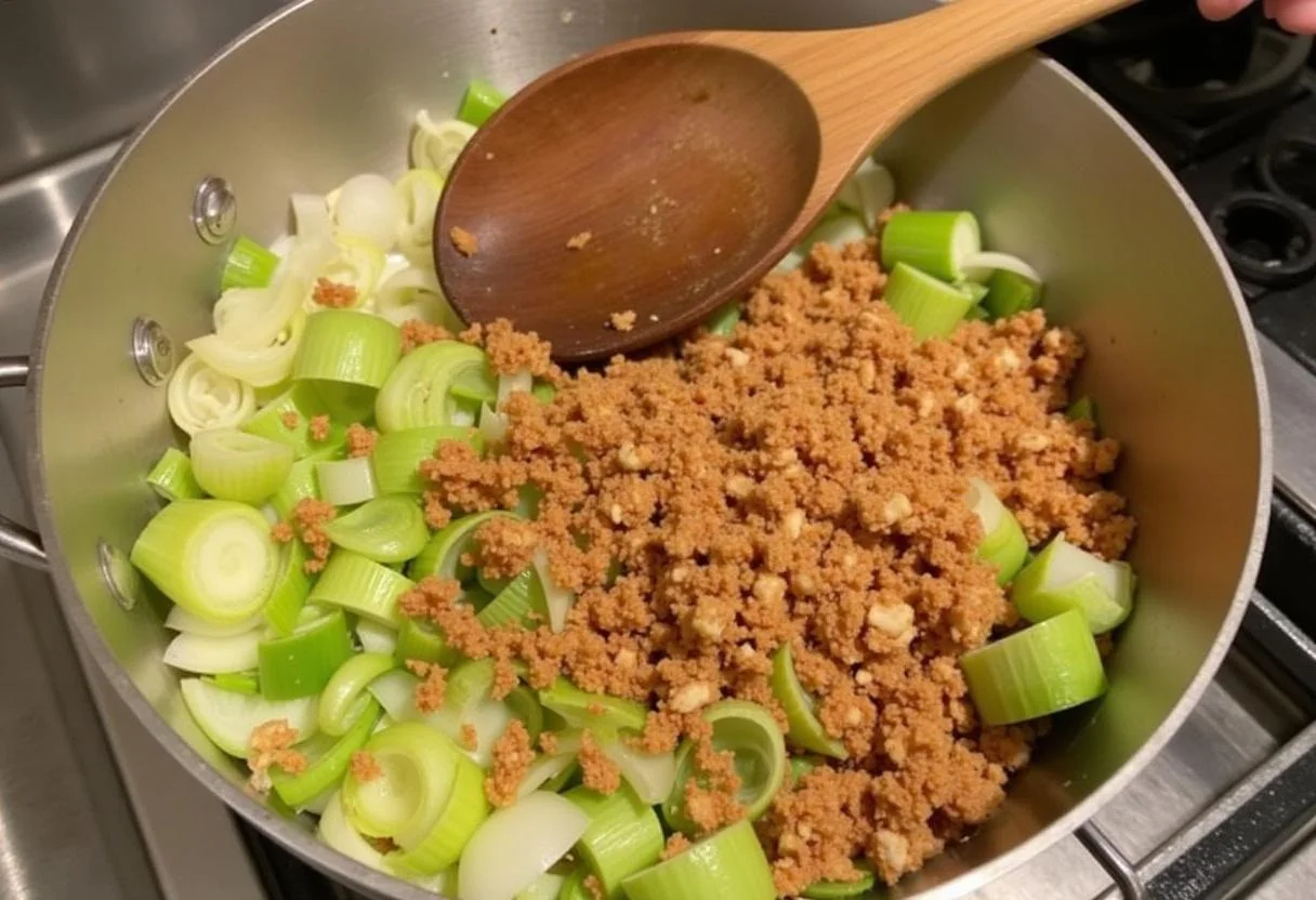 Un mélange savoureux de poireaux cuits et de lardons croustillants pour la tarte aux poireaux et lardons, prêt à être versé dans la croûte.