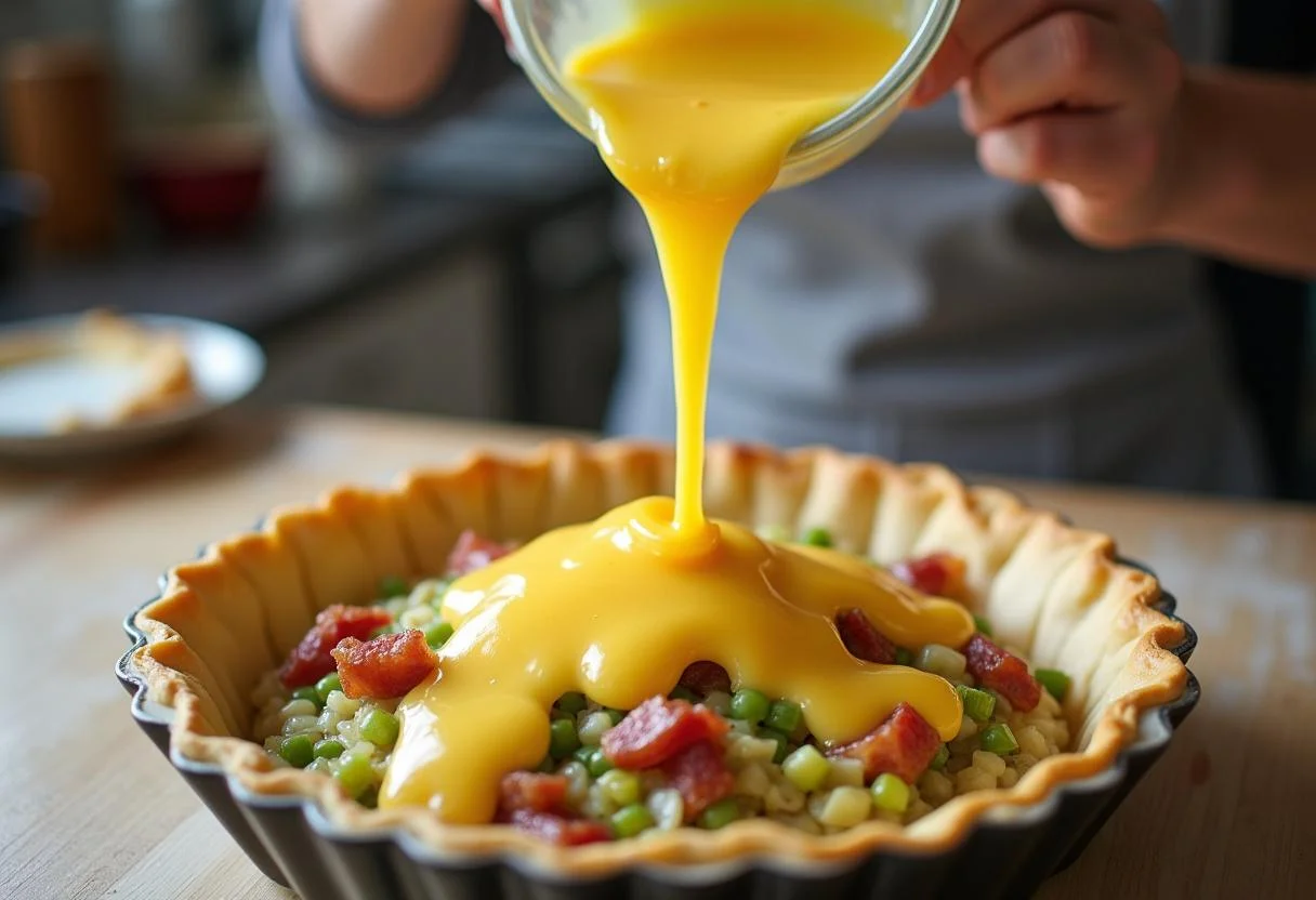 Le mélange de poireaux et de lardons est versé dans la pâte pour tarte aux poireaux et lardons, prêt à cuire au four.