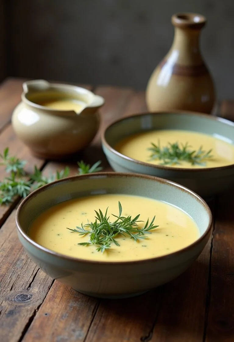 Velouté de poireaux facile présenté dans des assiettes sur une table en bois rustique, mettant en valeur son apparence crémeuse et appétissante.