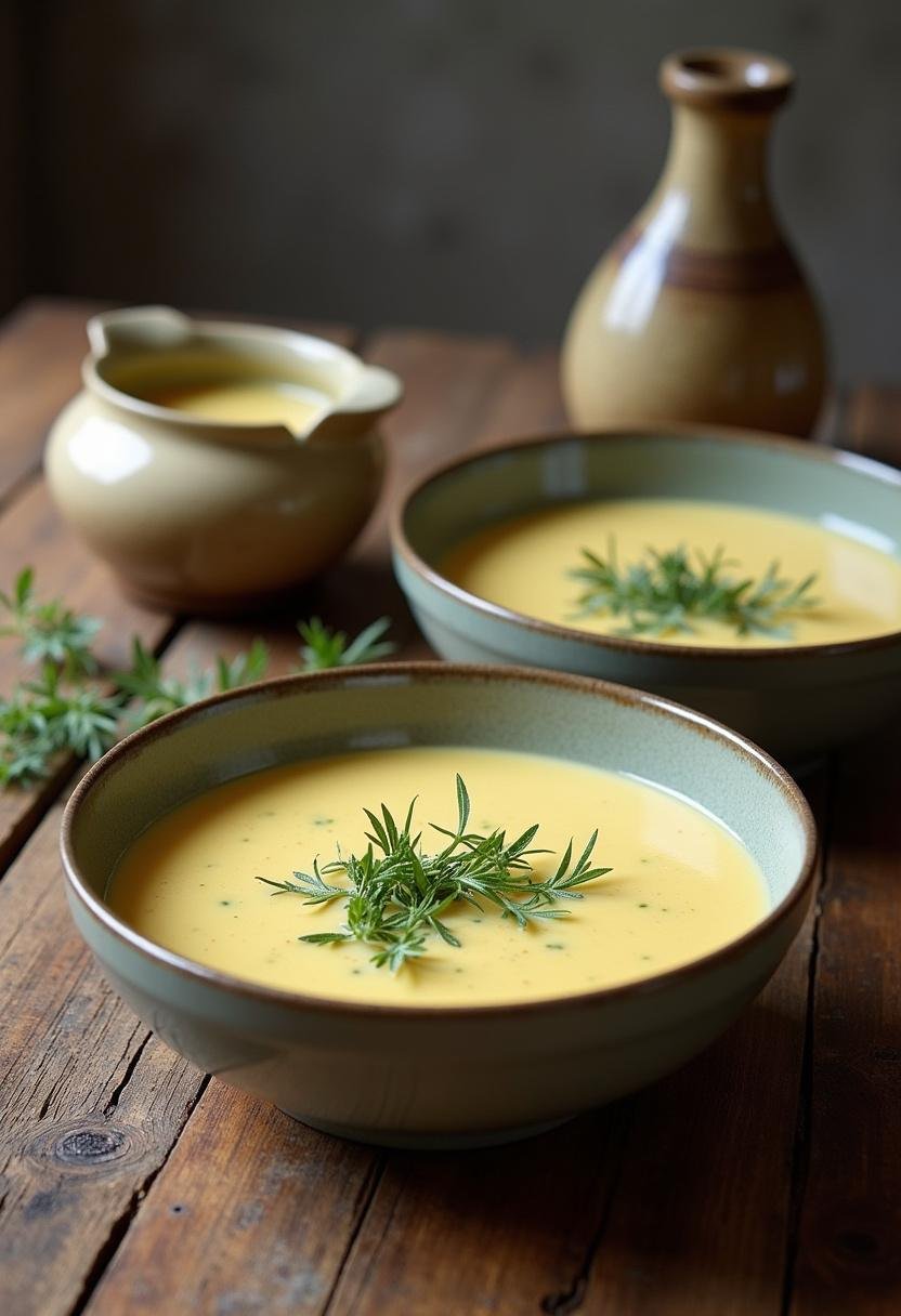 Velouté de poireaux facile présenté dans des assiettes sur une table en bois rustique, mettant en valeur son apparence crémeuse et appétissante.