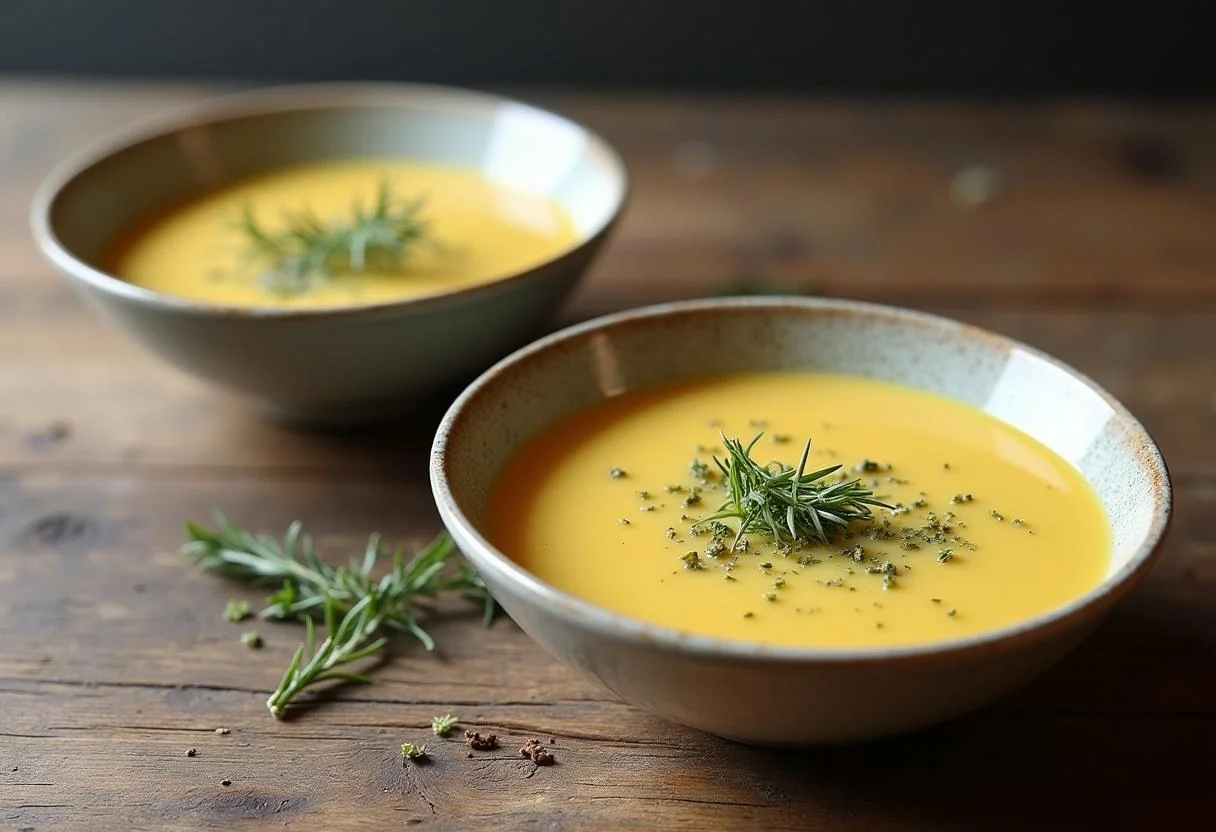Velouté de poireaux facile présenté dans des assiettes sur une table en bois rustique, mettant en valeur son apparence crémeuse et appétissante.
