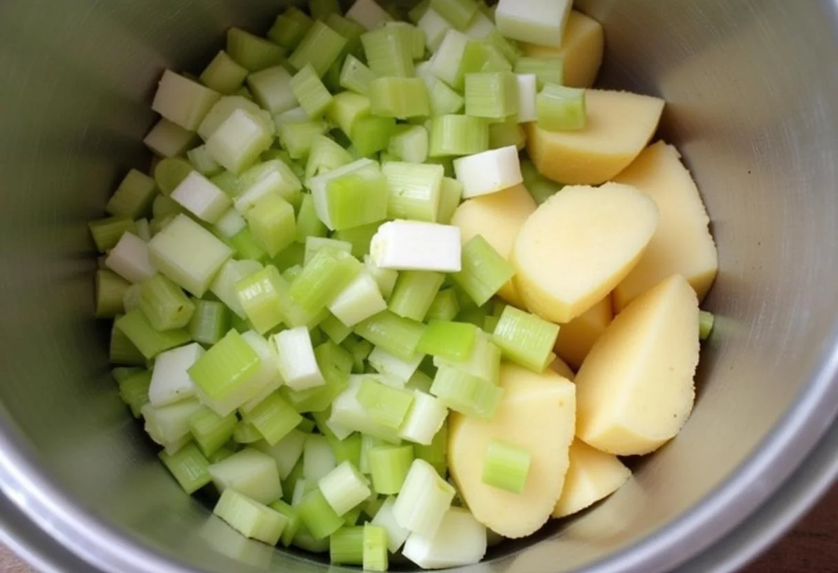 Préparation des poireaux et pommes de terre dans le Thermomix pour le velouté de poireaux facile, mettant en valeur les ingrédients frais et le matériel de cuisine moderne.