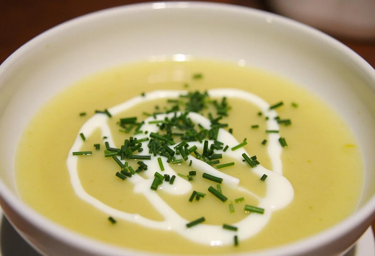 Service du velouté de poireaux crémeux dans des assiettes, délicatement garni de crème et d'herbes fraîches pour une présentation appétissante.