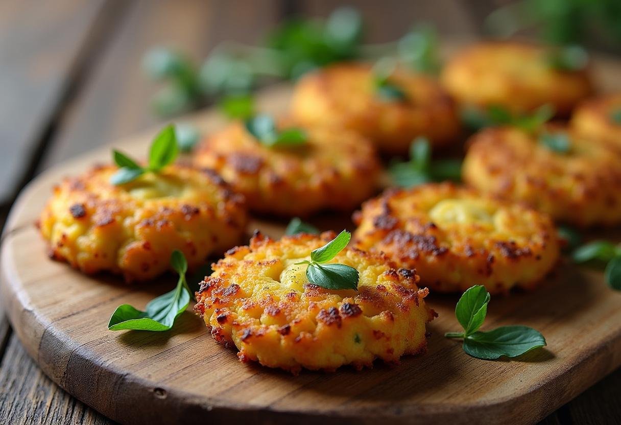 Présentation de beignets de fleurs de courgette dorés sur un plateau en bois, décorés d'herbes fraîches.