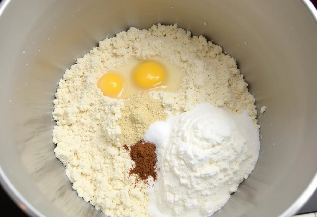 Préparation de la pâte pour beignets de fleurs de courgette avec de la farine et de la levure.