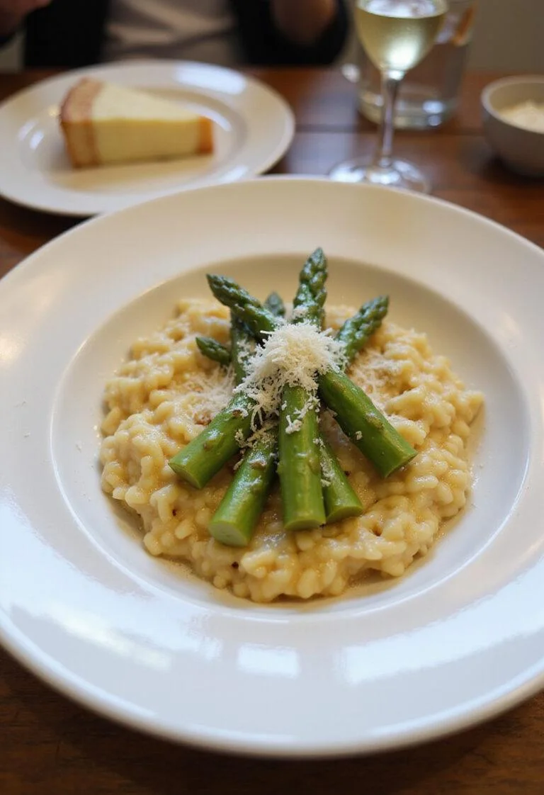 Delicious Risotto aux Asperges, garnished and ready to serve, showcasing fresh asparagus.