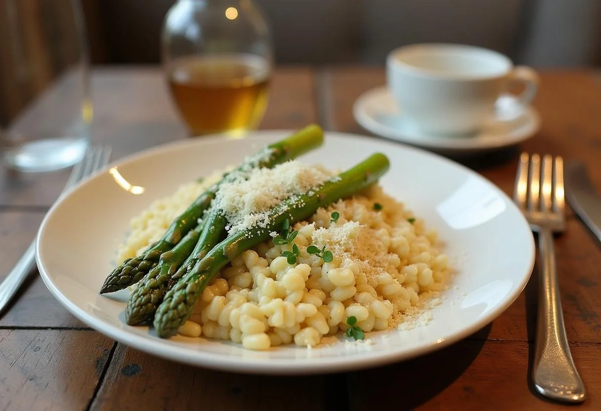 Delicious Risotto aux Asperges, garnished and ready to serve, showcasing fresh asparagus.