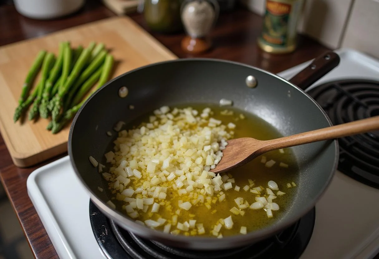 Shallots sautéing in olive oil for Risotto aux Asperges preparation.