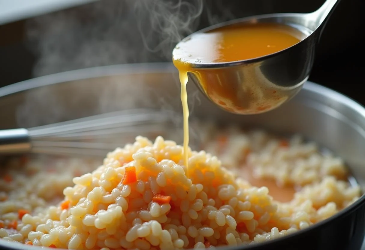 Vegetable broth added to rice for Risotto aux Asperges cooking process.