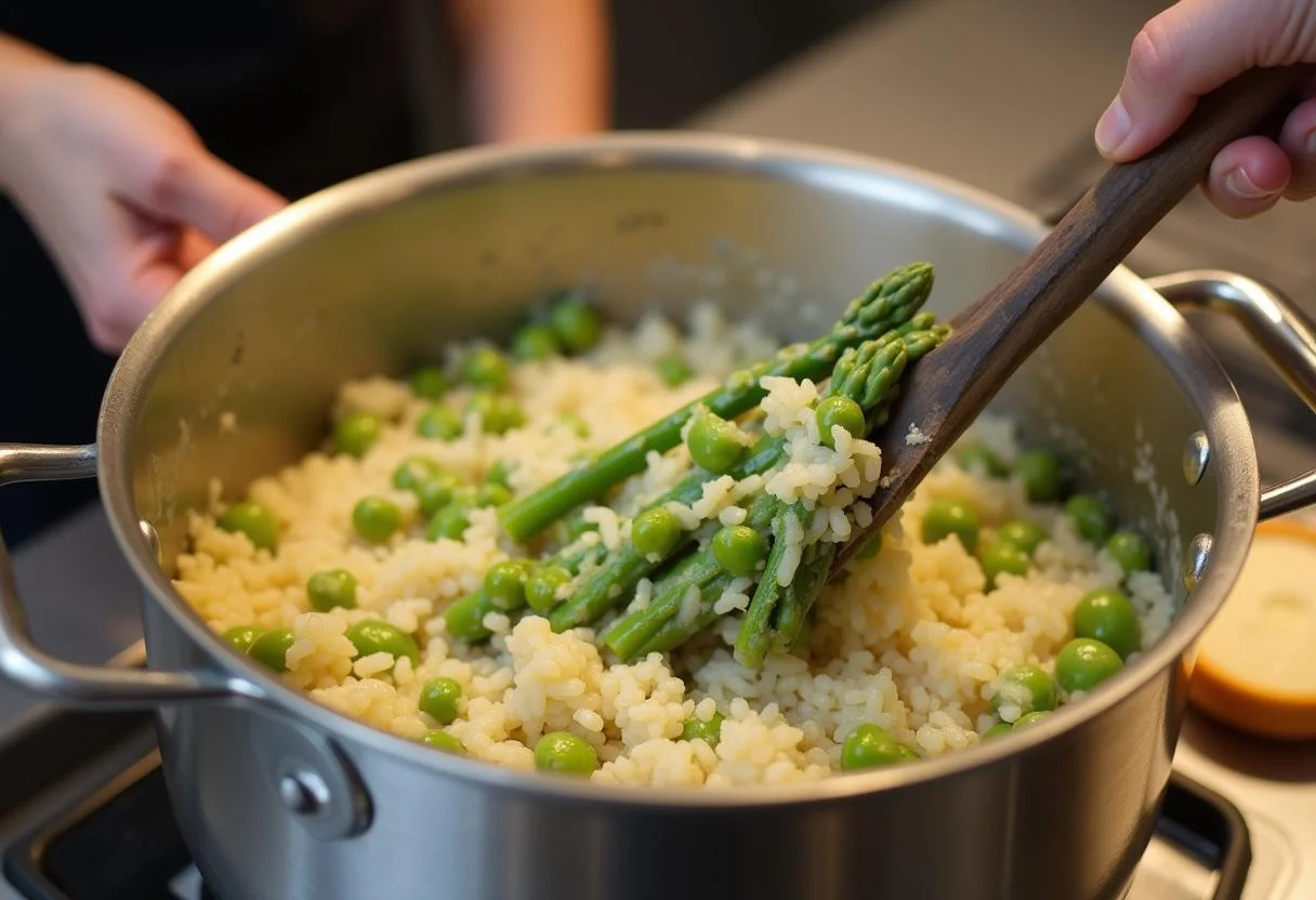 Asparagus incorporated into creamy Risotto aux Asperges in a pot.