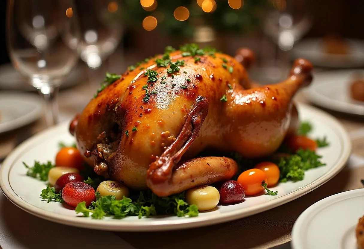 Rôti de chapon farci festif, magnifiquement présenté sur une table de dîner décorée.