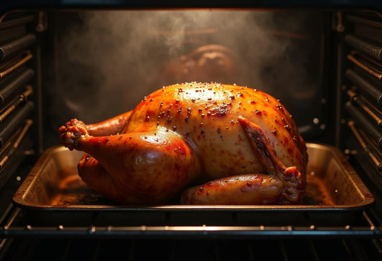 Chapon en train d'être arrosé avec un glaçage savoureux, affichant une belle couleur dorée pendant la cuisson.
