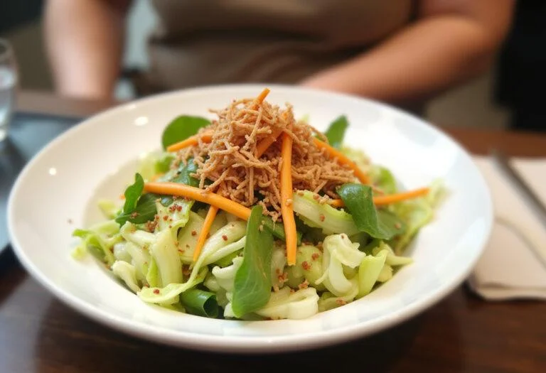 Salade de chou chinois finement présentée avec des garnitures colorées, prête à être servie à table.